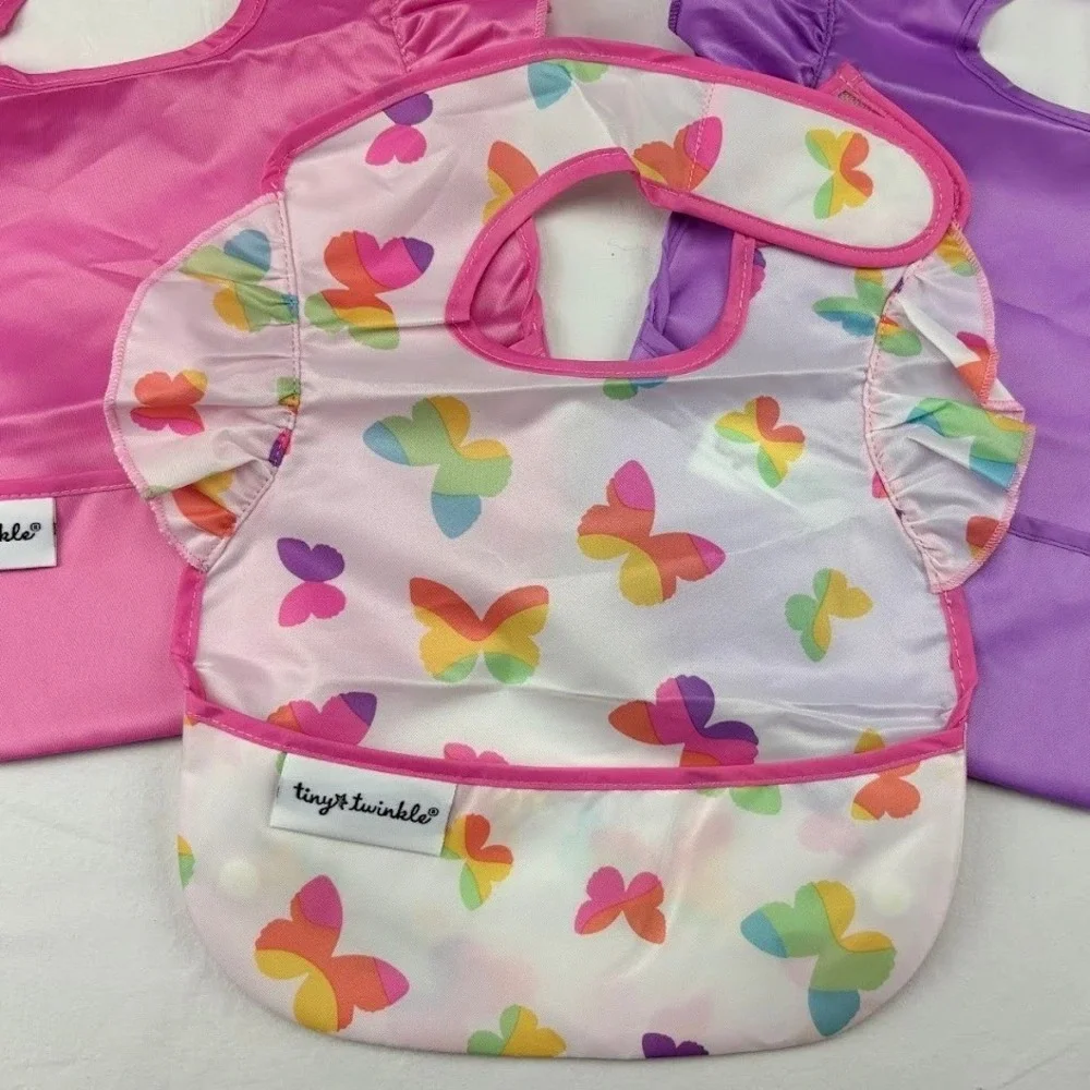 Tiny Twinkle Baby Mess Proof Bibs Waterproof Pocket Ruffle Butterfly Pink Purple